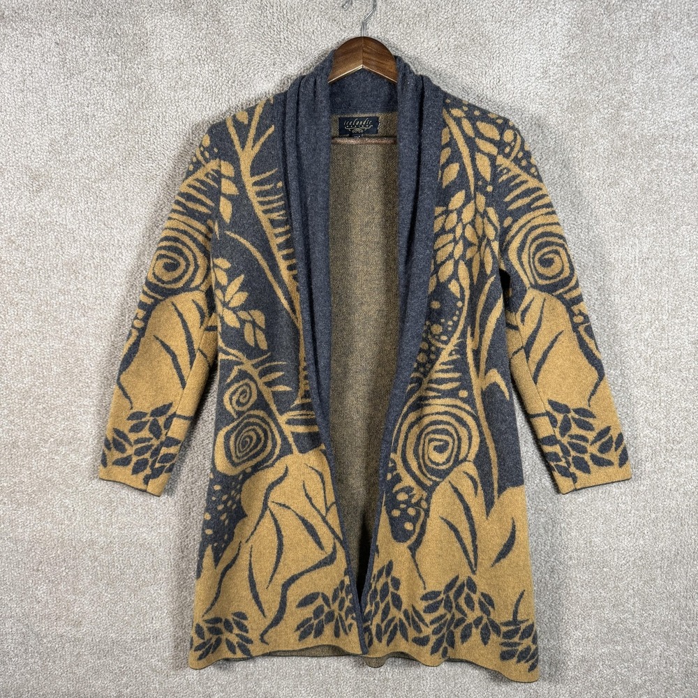 Icelandic‎ Design Sweater Womens Small Gray Mustard Wool Blend Cardigan Coatigan